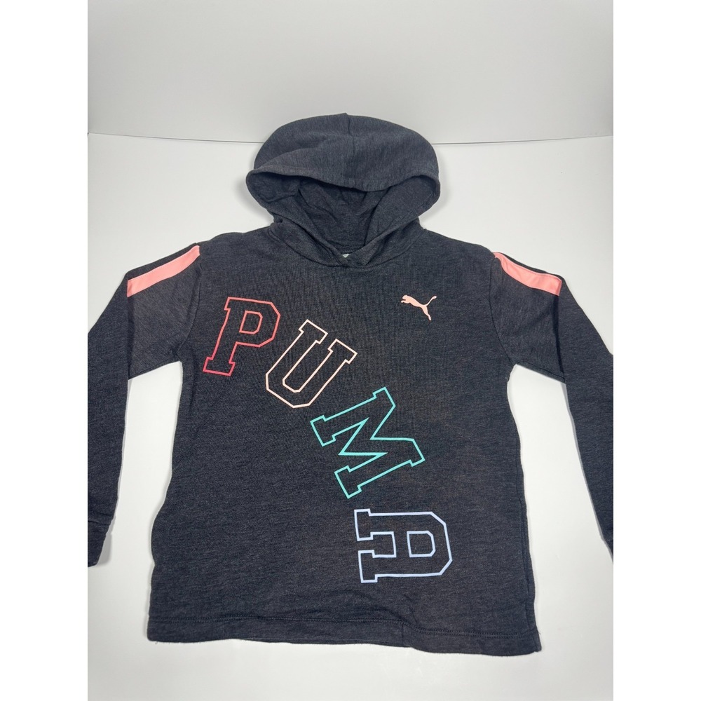 Puma Hoodie Girls Large 12-14 Charcoal Gray Wordmark‎ Logo Fleece Lined Pullover